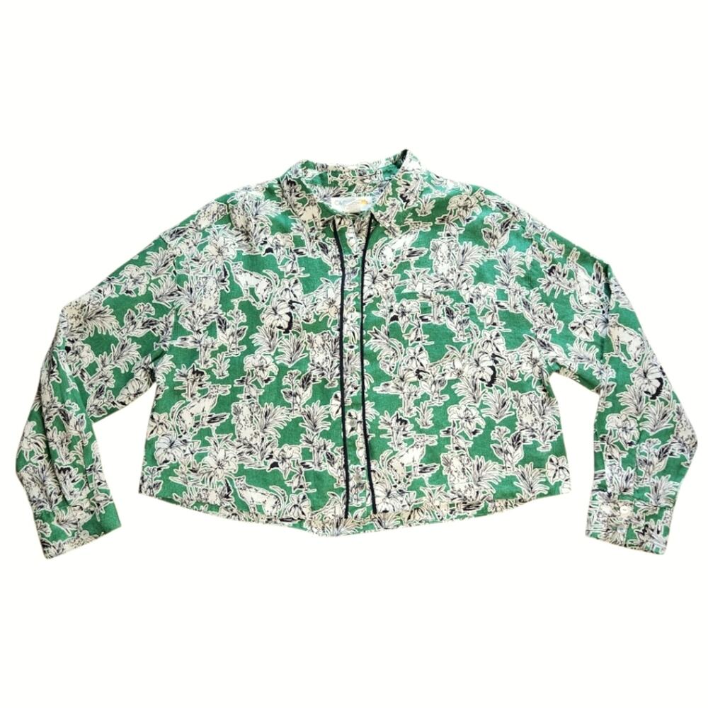 C&C California crop top button down linen green jungle print size S